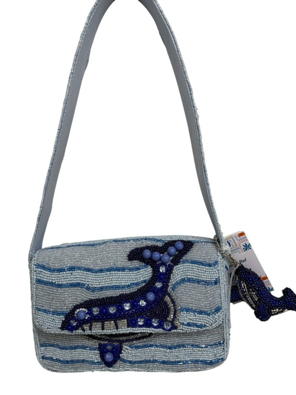Beaded Bag Whale w Rhinestones & Crab Keychain Charm Handcrafted in India NWT